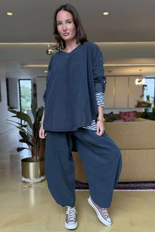Made in Italy Cooper Needlecord Scoop Dip Back Top Charcoal -